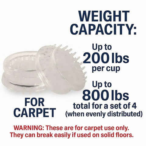 4 Inch Round Spiked Caster Cups For Carpet Protection And Furniture Stability Anti Dent Base Reduces Indentation And Prevents Sliding Clear Caster Cups For Tables Beds Sofas And Chairs Set Of Four, showing weight capacity and warning label.