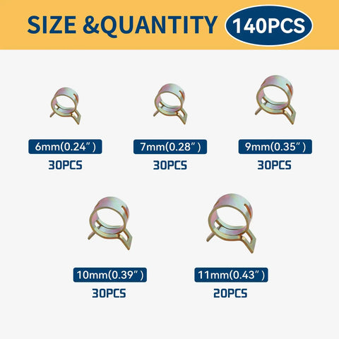 Size chart of Spring Hose Clamp Set 140 Piece Assortment for Auto Fuel Line Air Water Silicone and Vacuum Hoses
