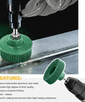 Green bristle disc attached to drill with steel surface, text highlights features of Six Pack Two Inch Bristle Disc Set With One Quarter Inch Shank Grit 50 80 120 For Metal Deburring Blending Finishing And Abrasive Coating Removal On Steel Aluminum And Hard Metals.