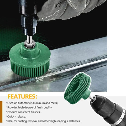 Green bristle disc attached to drill with steel surface, text highlights features of Six Pack Two Inch Bristle Disc Set With One Quarter Inch Shank Grit 50 80 120 For Metal Deburring Blending Finishing And Abrasive Coating Removal On Steel Aluminum And Hard Metals.