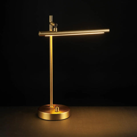 West 15 Inch LED Integrated Desk Lamp in matte brass with 200 lumens dimmer rotary switch, pivoting head visible