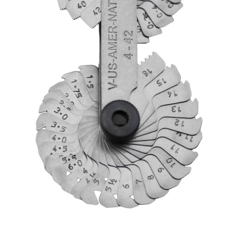 Grip US American National thread pitch gauge; circular metal blade rack around a black center hub with MM/SAE markings