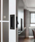 Oil Rubbed Bronze Pocket Door Pull And Edge Pull Set, 6 Inch Recessed Finger Flush Handles installed on modern sliding door