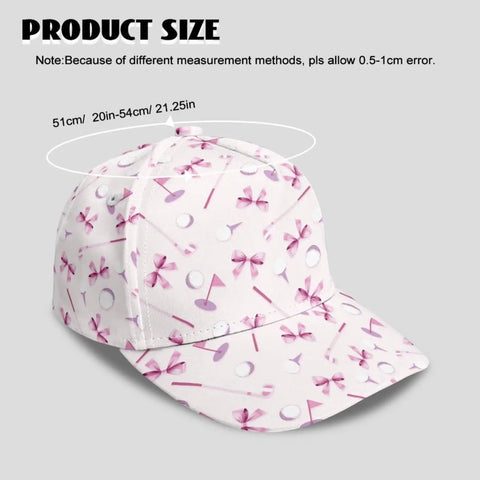 Pink hat with bow pattern for girls, sizing details from 20in to 21.25in, part of the Pink Girls Athletic Dress With UPF 50 Plus Sun Shield ensemble