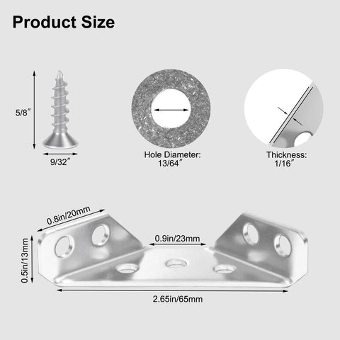 Product size chart for 12 Pack Universal Stainless Steel Furniture Corner Connectors With Screws Includes 84 Screws For Wood Cabinets Tables Chairs Drawers And Shelving Heavy Duty Triangular Brackets Set Perfect For Do It Yourself Woodworking Projects