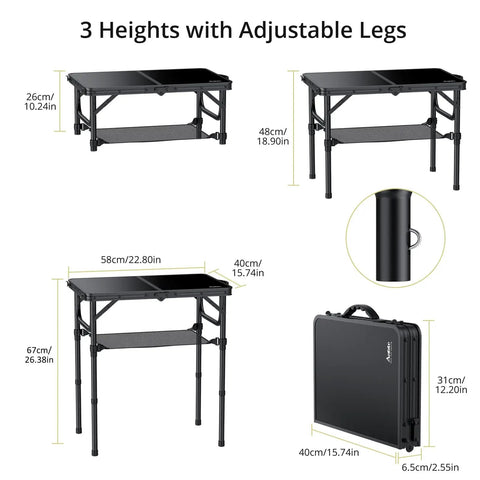 Two Foot Folding Camping Table With Storage Net Three Height Adjustable Lightweight Portable Table With Carry Handle