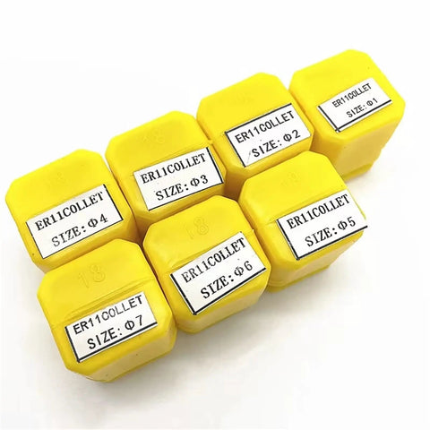 High Precision Spring Collet Kit For CNC Engraving And Milling with yellow cases, various ER11 collet sizes visible