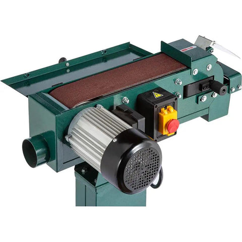 Close-up of Hardbody 4X48 Inch Dual Wheel Metal Belt Grinder And Shop Sander in glossy black, showing motor and sanding belt.