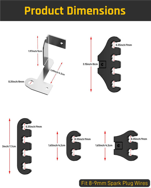 Product dimensions of Spark Plug Wire Separator Kit With Chrome Plated Brackets For 8mm To 9mm Wires Includes 4 Hole Looms and 2 Hole Looms.
