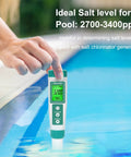 Saltwater Pool Tester Pro, Quick and Accurate Salinity Meter for Pools, Reads 0 to 9000 PPM, Great for Salt Chlorinator Systems, Helps Maintain Safe 2400 to 4500 PPM Range, User Friendly Digital Readout, handheld in pool