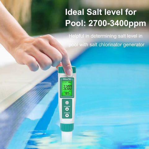 Saltwater Pool Tester Pro, Quick and Accurate Salinity Meter for Pools, Reads 0 to 9000 PPM, Great for Salt Chlorinator Systems, Helps Maintain Safe 2400 to 4500 PPM Range, User Friendly Digital Readout, handheld in pool