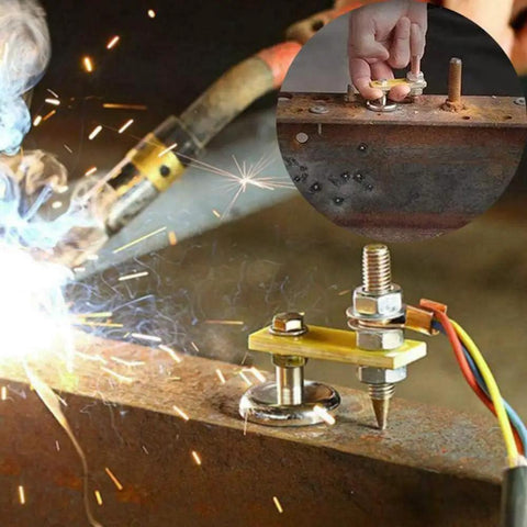 Upgrade Your Setup With This 2Pc Magnetic Welding Ground Clamp Kit Featuring Double Plus Single Magnet Heads For Super Strong Suction And Reliable Stability During Tough Welding Jobs, showing clamp on metal surface.