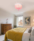 Bedroom with Candy Pink Acrylic Beaded Flush Mount Ceiling Light Three Light Chandelier In Rustic White Finish Cute Kid Room Decor For Girls Nursery Bedroom Mini 12 Inch Size Soft Warm Glow