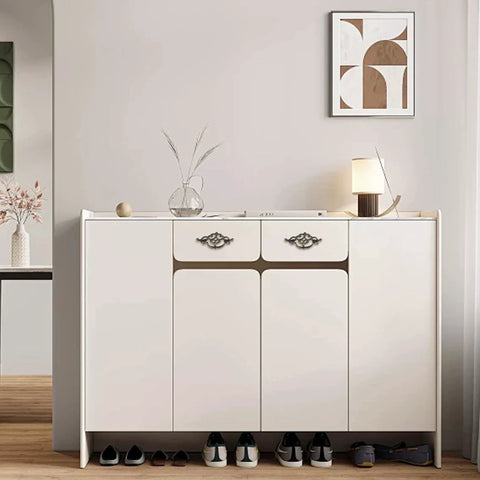 White cabinet with Set Of 4 Vintage Drop Bail Pulls Cabinet Handles Antique Bronze for kitchen cabinets and furniture.