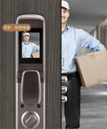 Next Level Smart Indoor Door Lock With Zero Fuss App Remote Control Reliable Fingerprint Scanner Passcode Plus Physical Key Backup Sleek Auto Latch Design showing delivery person in hallway.