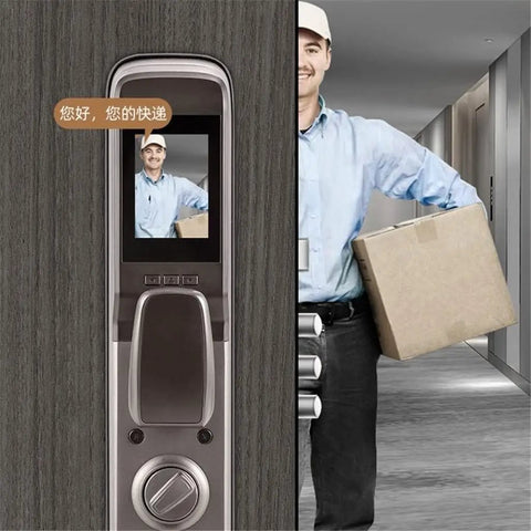 Next Level Smart Indoor Door Lock With Zero Fuss App Remote Control Reliable Fingerprint Scanner Passcode Plus Physical Key Backup Sleek Auto Latch Design showing delivery person in hallway.