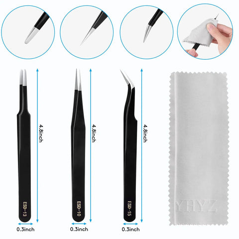 Three Piece Precision Tweezers Set For Crafting Electronics Jewelry Making And DIY Projects Anti Static Stainless Steel ESD Tweezers With Fine Point