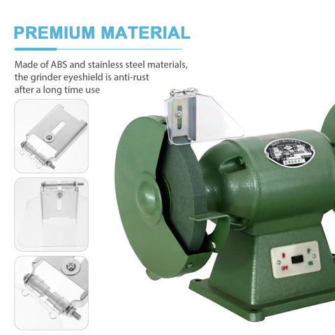 Bench Grinder Eye Shield Glasses on green desktop grinder, impact-resistant guard for debris and sparks, clear view, 6.41 x 4.56 inch