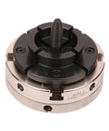 VINWOX 4-inch four-jaw self-centering wood lathe chuck with nickel-coated body and black jaws, front view.