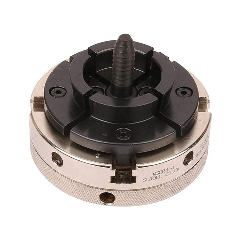 VINWOX 4-inch four-jaw self-centering wood lathe chuck with nickel-coated body and black jaws, front view.