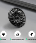 Black Floral Embossed Solid Zinc Alloy Cabinet Handle showing rust and scratch resistance, single-hole installation, 38mm length.