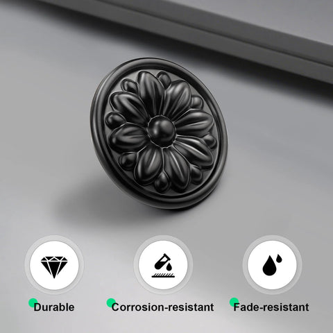 Black Floral Embossed Solid Zinc Alloy Cabinet Handle showing rust and scratch resistance, single-hole installation, 38mm length.
