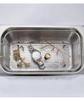 Industrial Ultrasonic Cleaner With Digital Display And Six Liter Tank with jewelry, watch and glasses in stainless steel basket.