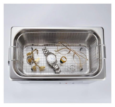 Industrial Ultrasonic Cleaner With Digital Display And Six Liter Tank with jewelry, watch and glasses in stainless steel basket.