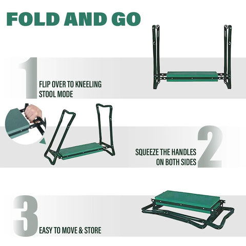 Garden Kneeler Seat With Upgraded Thick Kneeling Pad And Large Tool Pouch Foldable Stool showing folding instructions