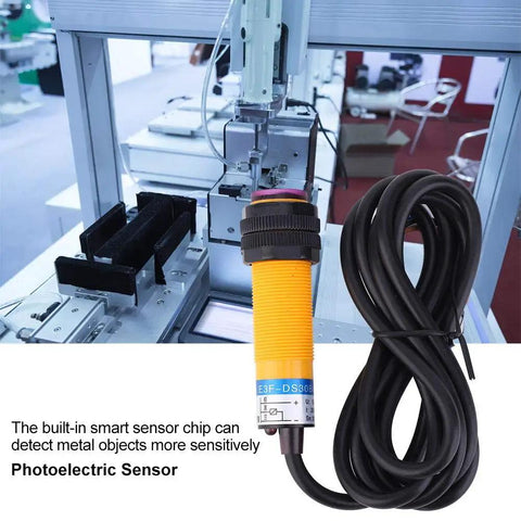 10 Pack Reflex Photoelectric Sensor For Diffuse Reflection, 200mA DC Three Wire PNP Output, shown in an industrial setup