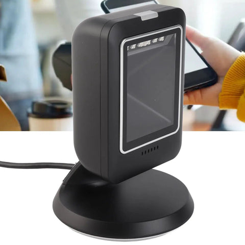 Omnidirectional 2D Barcode Scanner USB Wired Desktop Reader for Retail Stores and Supermarkets on counter scanning a smartphone