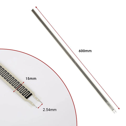 FSR pressure sensor strip, thin-film resistive sensor, 600mm long by 15mm wide with 2.54mm pitch connectors.