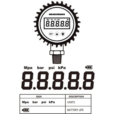 Digital Pressure Gauge With 3-1/8 Inch Dial, 0-100 Psi Bar MPa KPa Readout, 1/4 Inch NPT Lower Mount, Backlit 5-Digit Display illustration