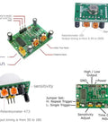 Diagram of Five Pack HC SR501 PIR Infrared Motion Sensor Modules for Arduino and Raspberry Pi with adjustable delay and sensitivity.