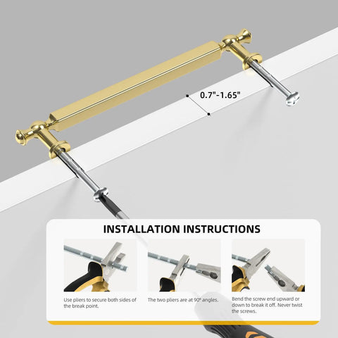 5 Pack 3 Inch Gold Cabinet Pulls Brushed Gold Drawer Handles Zinc Alloy Hardware For Kitchen Cupboard Bathroom Bedroom With 76mm Hole Centers And Easy Install with installation instructions shown.