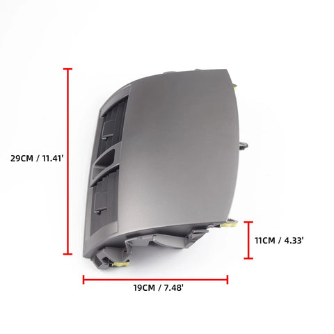 Side view of Dasbecan center dash A/C vent panel for Toyota Corolla 2008–2013, gray plastic, 29 cm x 19 cm x 11 cm.