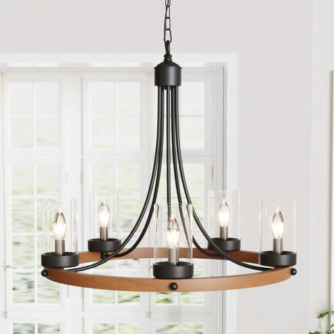 Five Light Wagon Wheel Farmhouse Chandelier Pendant Ceiling Light With Round Wood Finish, E12 Base, Clear Glass, Adjustable Chain