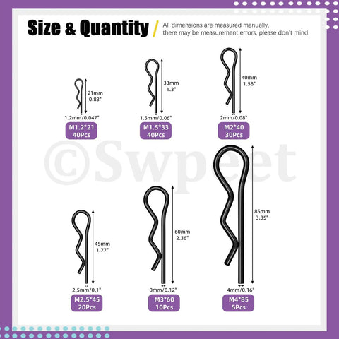 Must-Have 145-Piece Cotter Pin Kit Do-It-All Set With 6 Sizes M1.2x21 M1.5x33 M2x40 M2.5x45 M3x60 M4x85 size chart image