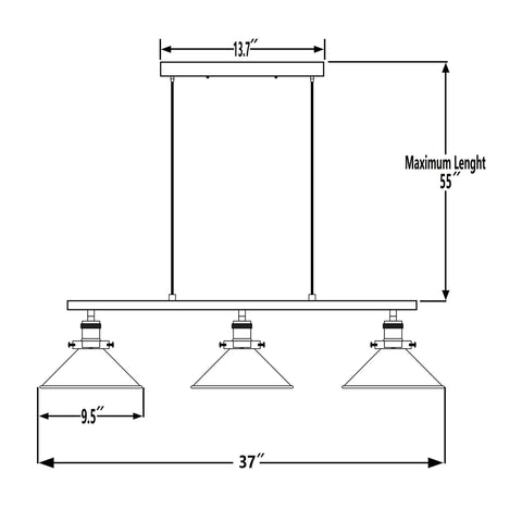 Dimensions diagram of 3 Light Kitchen Island Pendant Light Fixture Dope Farmhouse Linear Hanging Lighting Industrial Chandelier Matte Black Finish