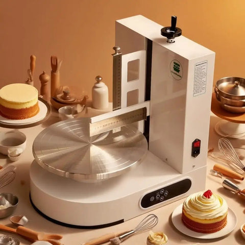 Pro Grade Cake Decorating Turntable With Smoothing Coating Machine For 6 To 14 Inch Cakes, AC110V, on kitchen counter with tools