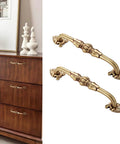 Two Pack 5 Inch Brass Cabinet Pulls Antique Floral Pattern Cupboard Handles And Drawer Pulls Solid Brass Kitchen Hardware Matte Gold Finish