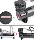 Heavy Duty 200 PSI 12V Electric Air Compressor Pump with stainless steel build, power connections and filter for train horns and air ride stance.
