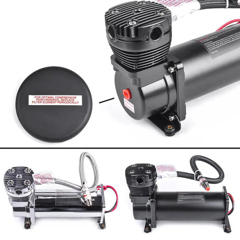 Heavy Duty 200 PSI 12V Electric Air Compressor Pump with stainless steel build, power connections and filter for train horns and air ride stance.