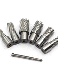 Oscarbide 7-piece annular cutter set with Weldon shank, 1 in depth, diameters 1/2 to 1-1/16 in, with pilot pin