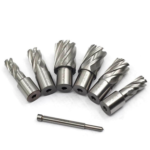 Oscarbide 7-piece annular cutter set with Weldon shank, 1 in depth, diameters 1/2 to 1-1/16 in, with pilot pin