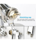 Close-up of atomizing cap on Dead Simple Pneumatic Paint Sprayer With Fully Adjustable Wide Fan Pattern Handheld Touch Up Spray Gun W200 Model.