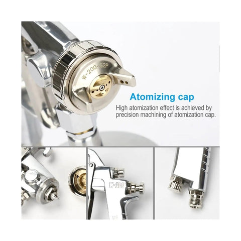 Close-up of atomizing cap on Dead Simple Pneumatic Paint Sprayer With Fully Adjustable Wide Fan Pattern Handheld Touch Up Spray Gun W200 Model.