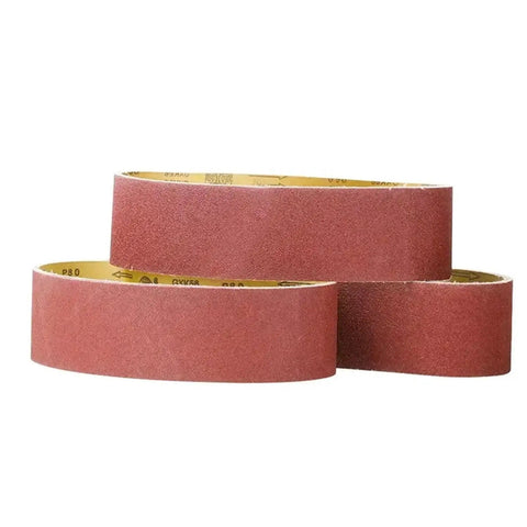 Five Piece Pack Of Top Shelf 915X100Mm Sanding Belts For Belt Sanders With Tough As Nails Abrasive Paper For Woodworking And Metal Jobs Delivering A Sweet Finish And Killer Grinding Power, close-up of three sanding belts.