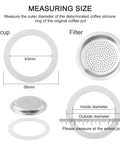 Diagram showing 2 Cup Stovetop Espresso Gasket And Filter Set with 56mm diameter, silicone rubber seal, and metal filter for Moka pots.