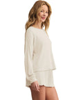 Daydream Rib Top For Women, Lightweight Brushed Knit Crew Neck Tee In Bone, Ultra Stretchy Soft Ribbed Shirt For Casual Comfort And All Day Everyday Style, model front view